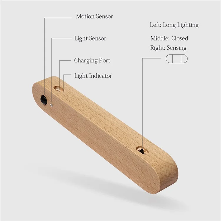 NO-HB012 Rechargeable Wooden Sensor Night Light LED Bedroom Wall Night Lamp Magnetic Key Holder Cabinet Door Hanging Lamp