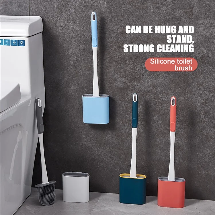 6905 Quick Drying Flat Head Soft Bristles Long Handle Toilet Brush with Base Bathroom Cleaning Supplies - Sky Blue