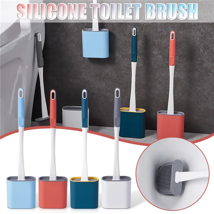 6905 Quick Drying Flat Head Soft Bristles Long Handle Toilet Brush with Base Bathroom Cleaning Supplies - Sky Blue