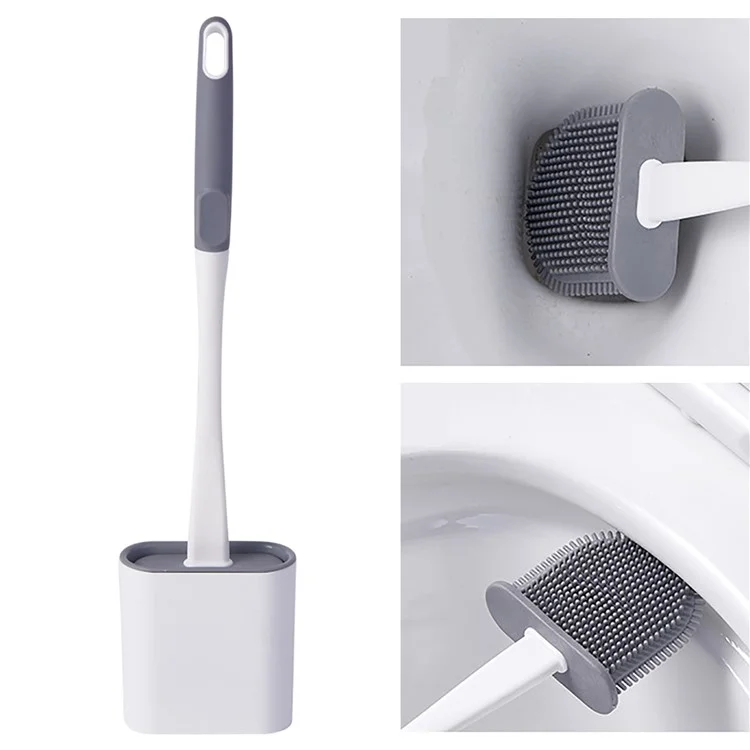Brosse de toilette à long manche avec base, têtes de brosse souples, séchage rapide, gris