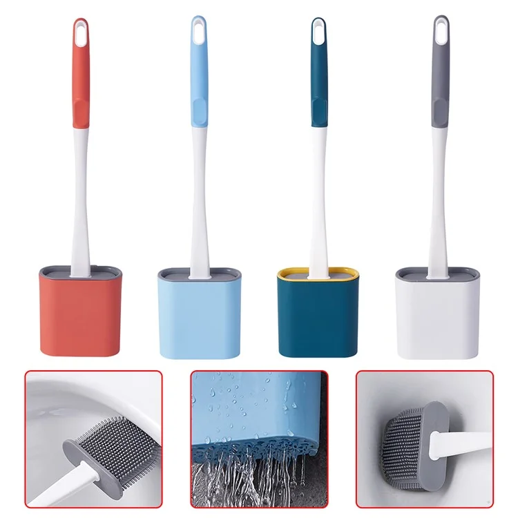 Brosse de toilette à long manche avec base, têtes de brosse souples, séchage rapide, gris