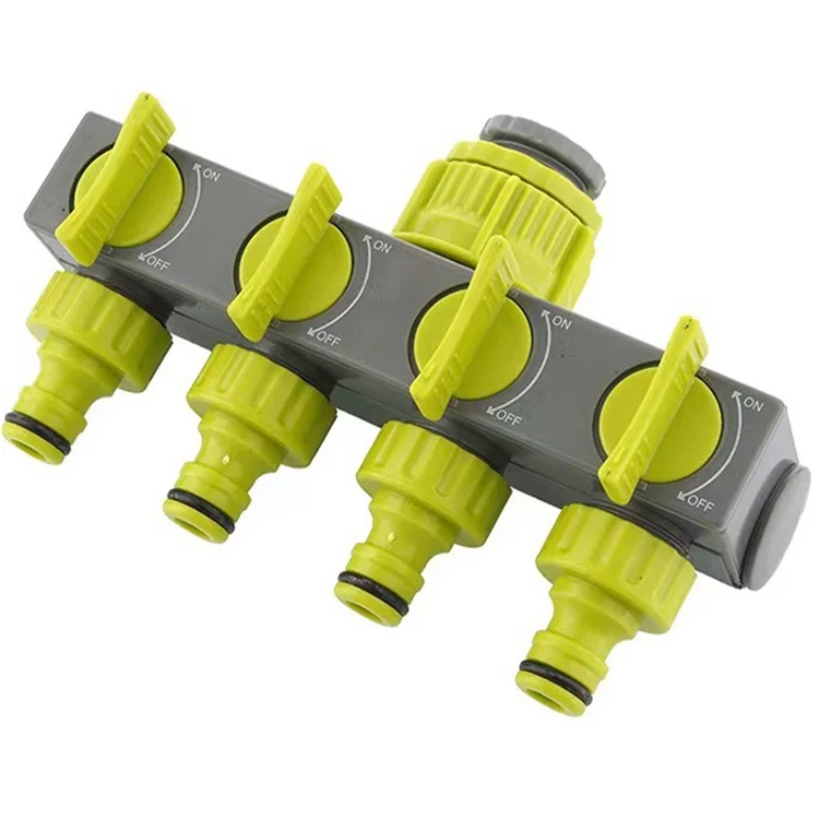4-way water splitter, European standard, threaded, garden irrigation, water connection fittings, valve - Emerald green+Grey