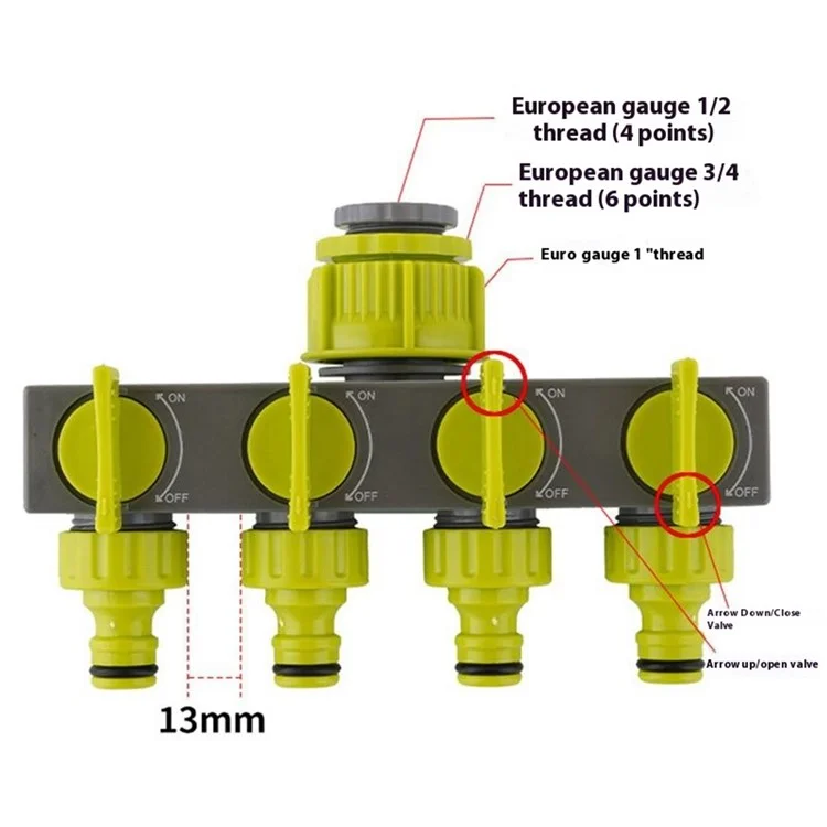 4-way water splitter, European standard, threaded, garden irrigation, water connection fittings, valve - Emerald green+Grey