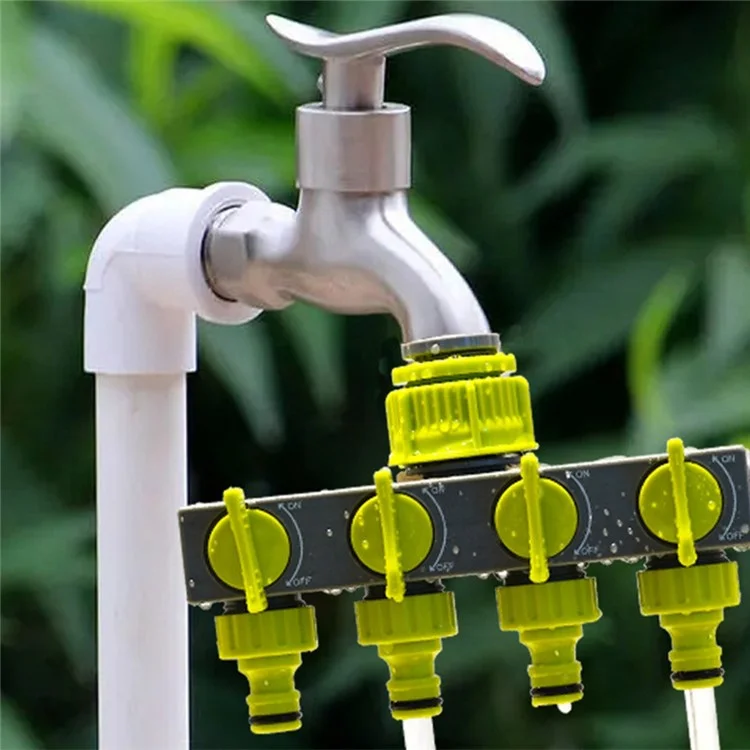 4-way water splitter, European standard, threaded, garden irrigation, water connection fittings, valve - Emerald green+Grey