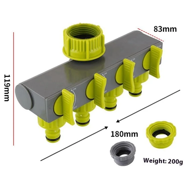 4-way water splitter, European standard, threaded, garden irrigation, water connection fittings, valve - Emerald green+Grey