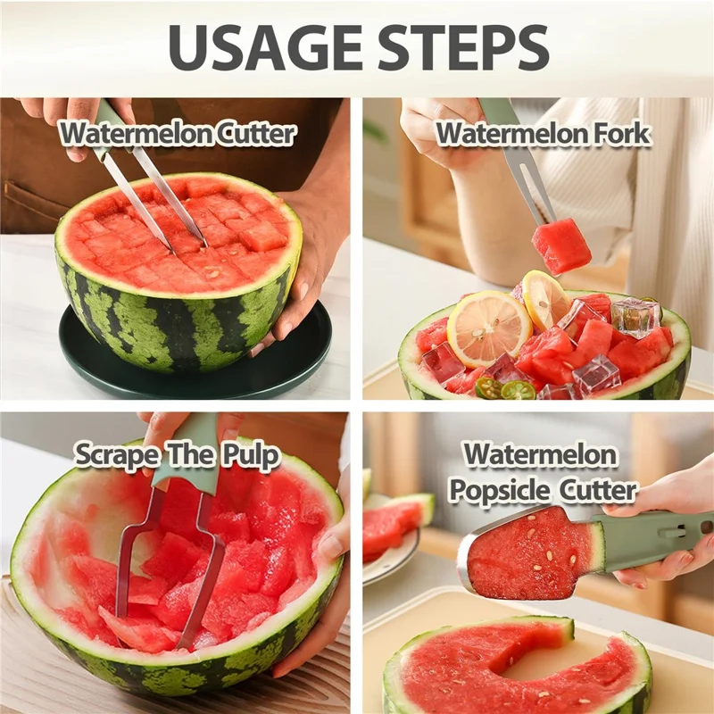 3-in-1 Watermelon Fork Slicer Cutter Stainless Steel Fruit Scooper Tool for Camping Kitchen Gadgets - Green
