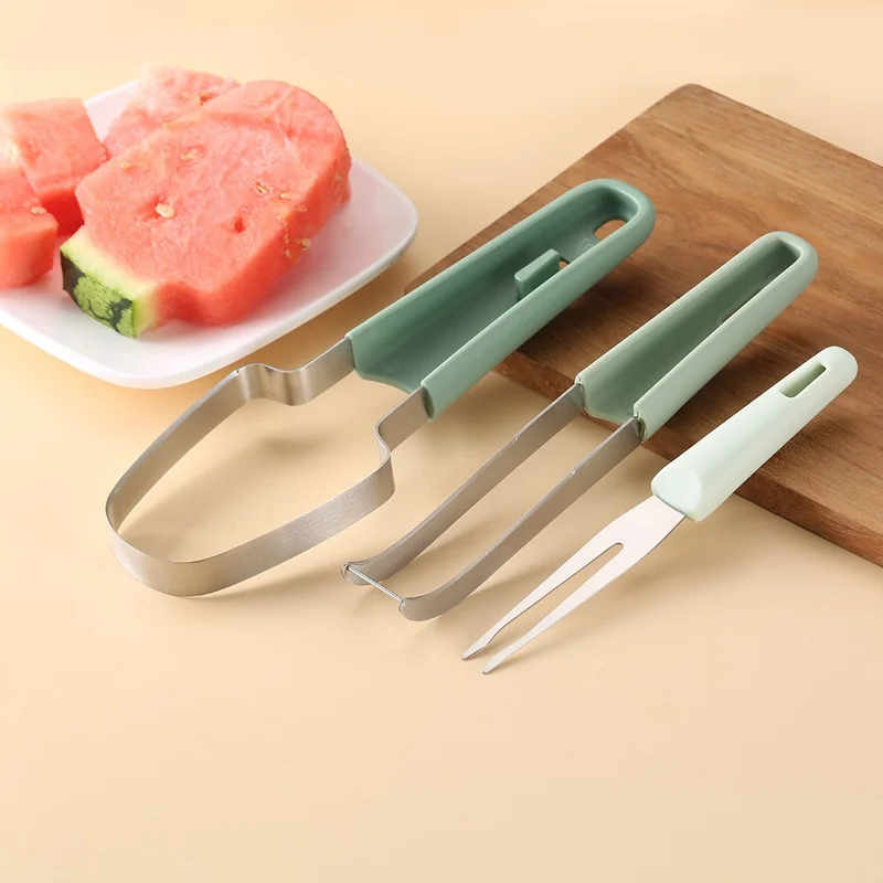 3-in-1 Watermelon Fork Slicer Cutter Stainless Steel Fruit Scooper Tool for Camping Kitchen Gadgets - Green