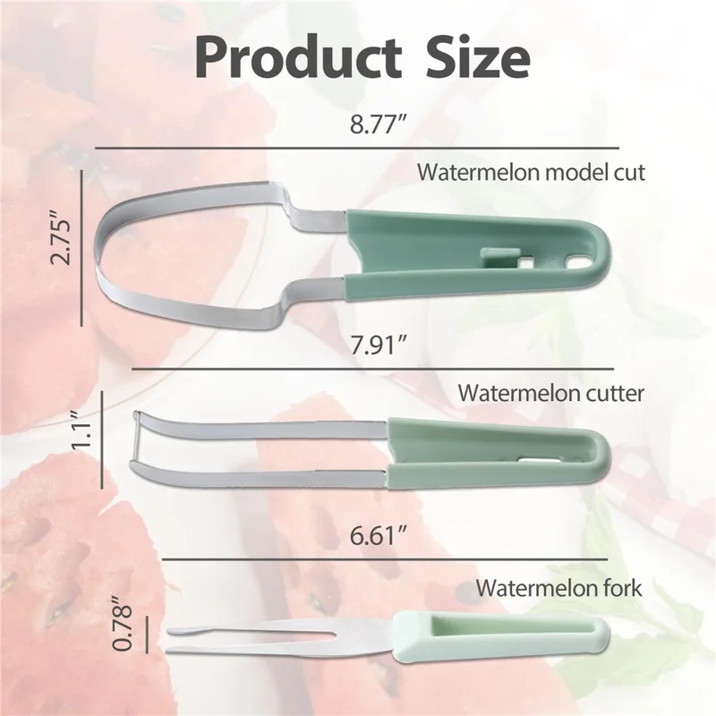 3-in-1 Watermelon Fork Slicer Cutter Stainless Steel Fruit Scooper Tool for Camping Kitchen Gadgets - Green