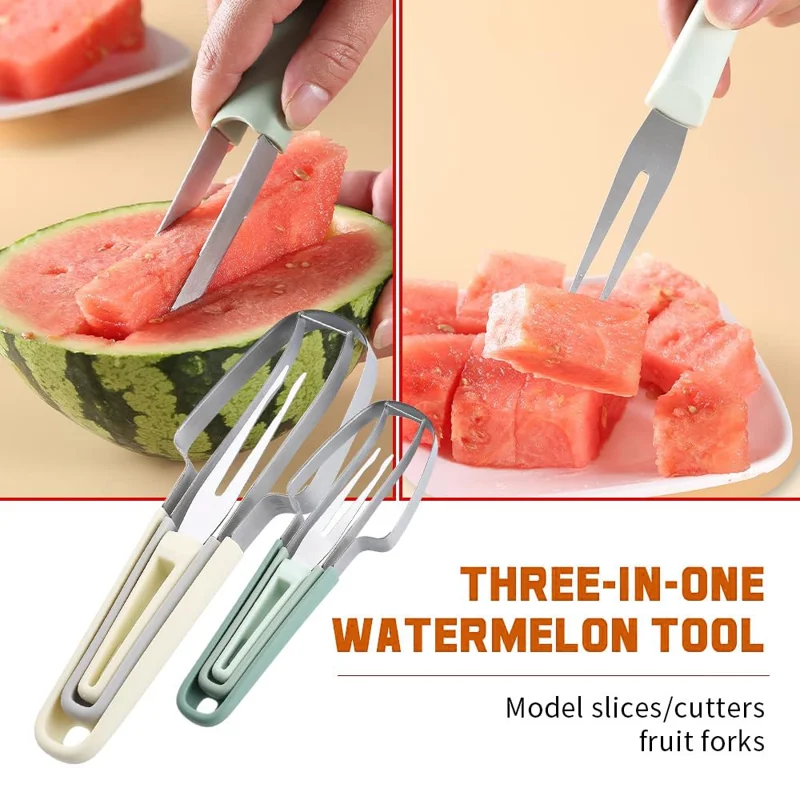 3-in-1 Watermelon Fork Slicer Cutter Stainless Steel Fruit Scooper Tool for Camping Kitchen Gadgets - Green