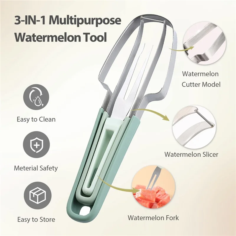 3-in-1 Watermelon Fork Slicer Cutter Stainless Steel Fruit Scooper Tool for Camping Kitchen Gadgets - Green