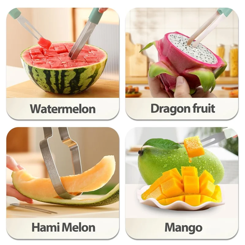 3-in-1 Watermelon Fork Slicer Cutter Stainless Steel Fruit Scooper Tool for Camping Kitchen Gadgets - Green