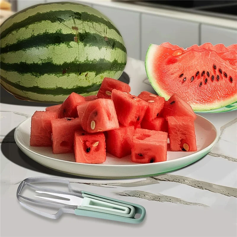 3-in-1 Watermelon Fork Slicer Cutter Stainless Steel Fruit Scooper Tool for Camping Kitchen Gadgets - Green