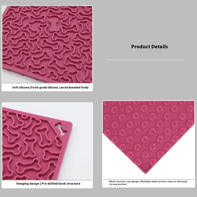 Tapis de léchage anti-étranglement pour chiens et chats avec ventouse, forme d'os, distributeur d'alimentation lent - Rose foncé