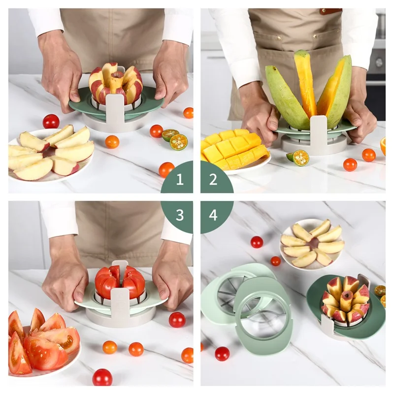4Pcs Stainless Steel Fruit Cutter Detachable Apple Divider Tool Set Vegetable Splitter Versatile Slicer with Anti-Roll Base (No FDA) - Gradient Green