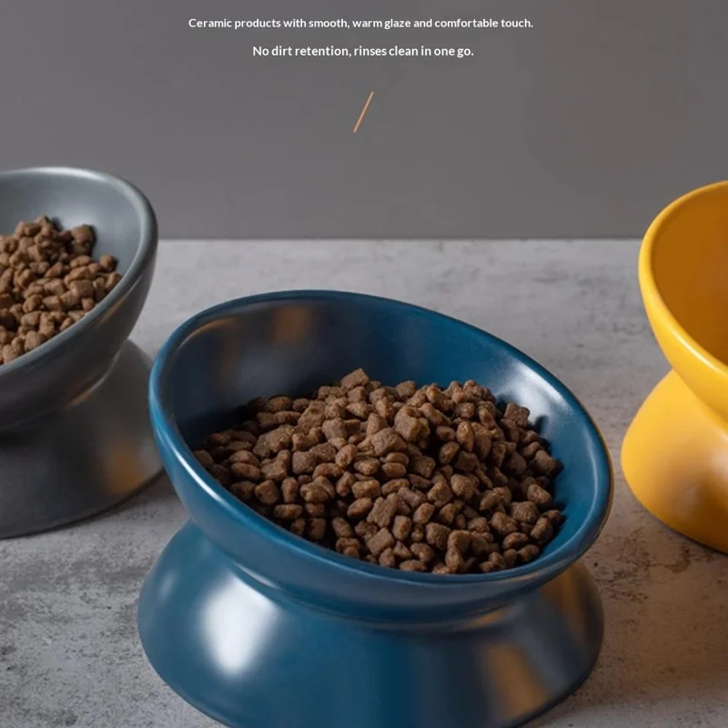 Cuenco elevado de cerámica de 120 ml con ángulo de 15 grados para alimento de mascotas, plato para gatos y perros (sin BPA, sin FDA) - Azul