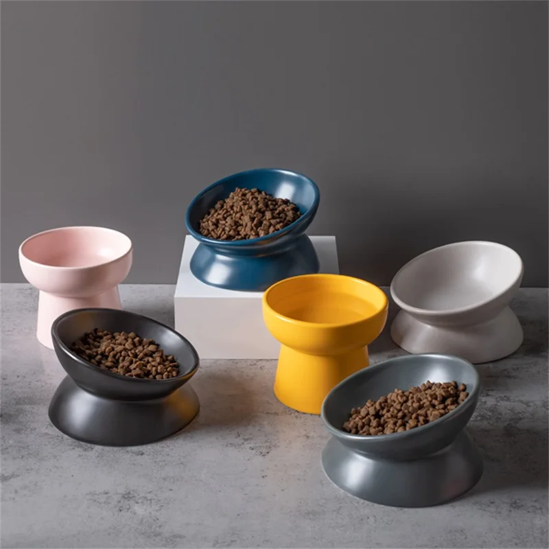 Cuenco elevado de cerámica de 120 ml con ángulo de 15 grados para alimento de mascotas, plato para gatos y perros (sin BPA, sin FDA) - Azul