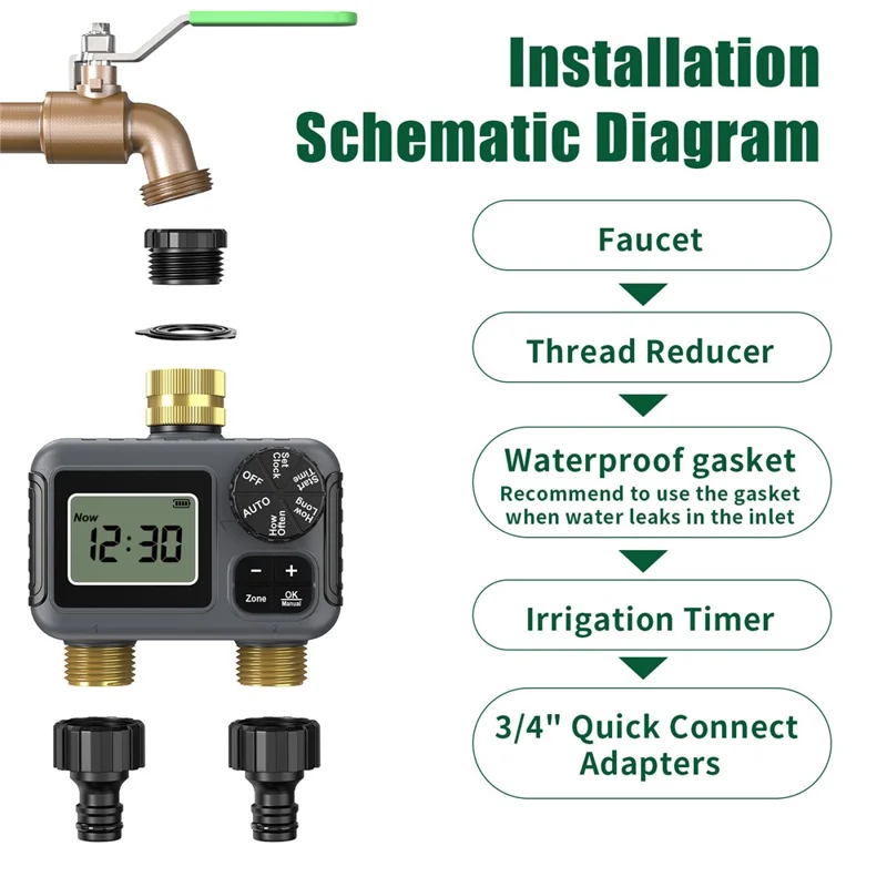 2-Outlet Water Timer Brass BSP 3 / 4 Thread Irrigation Controller Auto Sprinkler for Garden Lawn