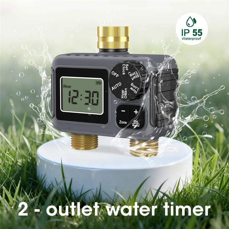 2-Outlet Water Timer Brass BSP 3 / 4 Thread Irrigation Controller Auto Sprinkler for Garden Lawn