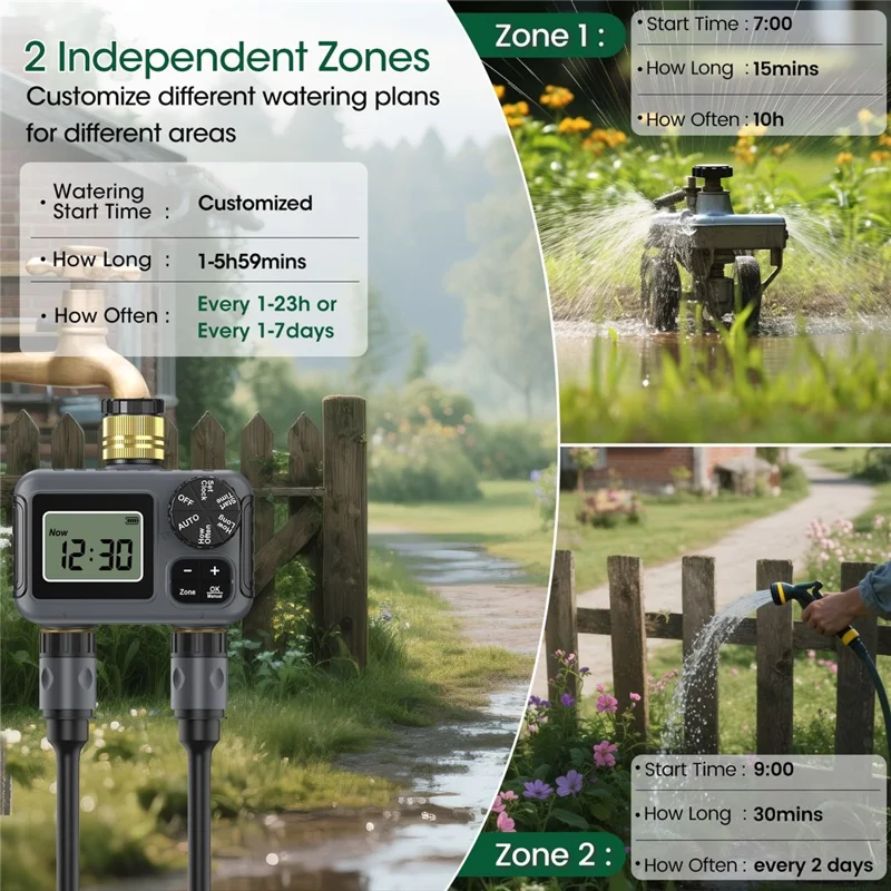 2-Outlet Water Timer Brass BSP 3 / 4 Thread Irrigation Controller Auto Sprinkler for Garden Lawn