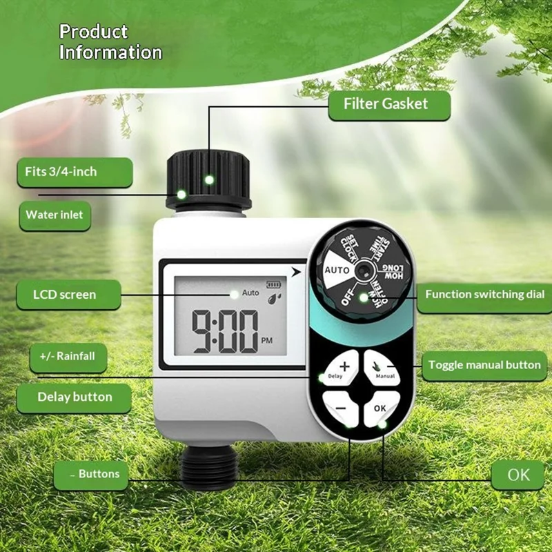 Temporizador digital de agua de una válvula resistente al agua IP55 con pantalla LCD para controlador de riego de jardín