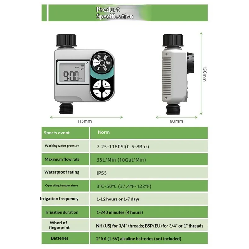 Temporizador digital de agua de una válvula resistente al agua IP55 con pantalla LCD para controlador de riego de jardín