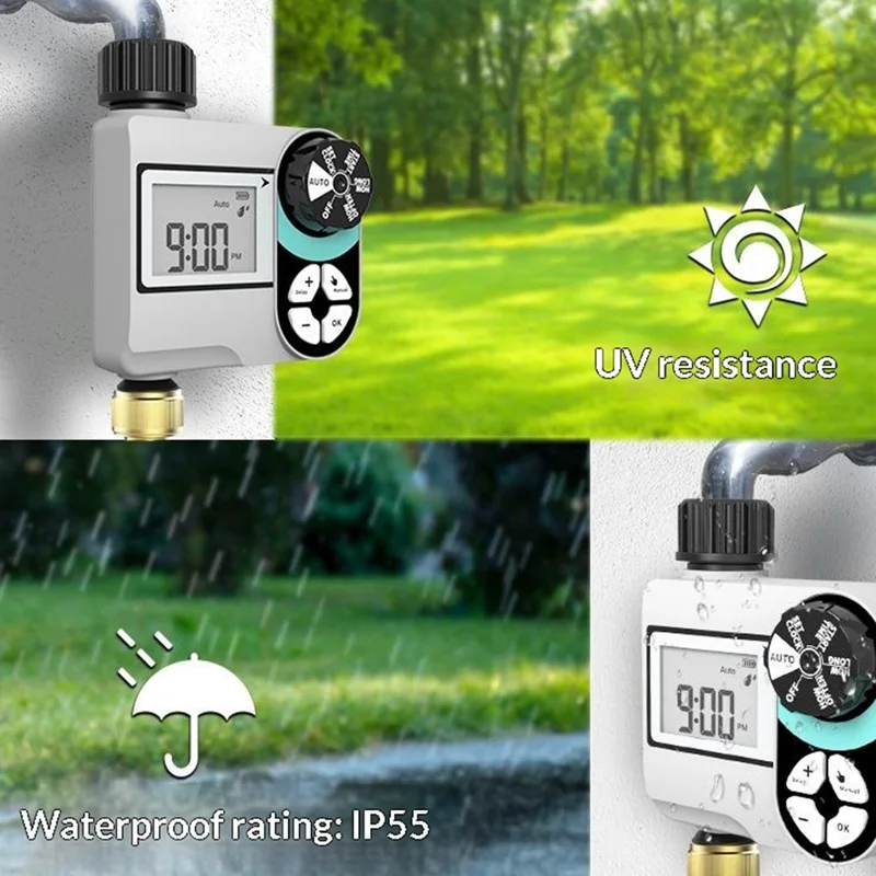 Temporizador digital de agua de una válvula resistente al agua IP55 con pantalla LCD para controlador de riego de jardín