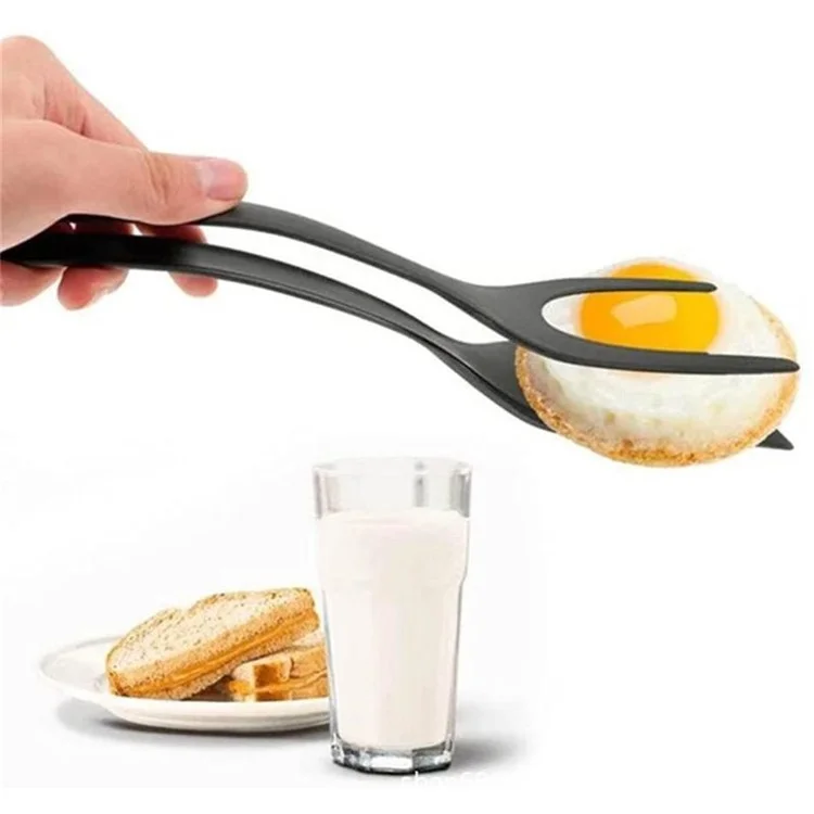 2 em 1 Clipe Flip Espátula Fried Egg Steak Tongs Panqueca Omelete Grampo Cozinhar Tongs Ferramenta de Cozinha (Sem FDA, Livre de BPA) - Preto