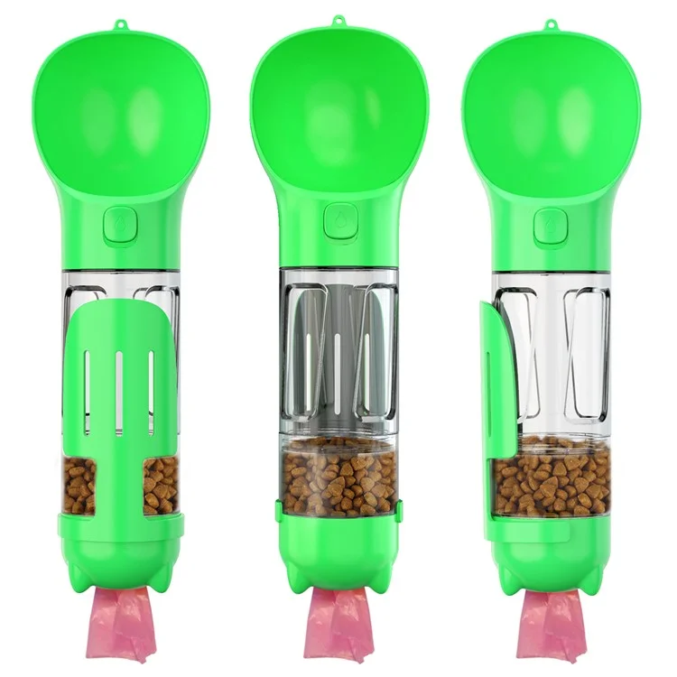 Portable Dog Water Bottle Pet Puppy Doggie Food Storage Box (BPA-Free, FDA Certified, No Certification), with 300ML Water Bottle+Poop Bag Dispenser+Food Storage Box  - Green