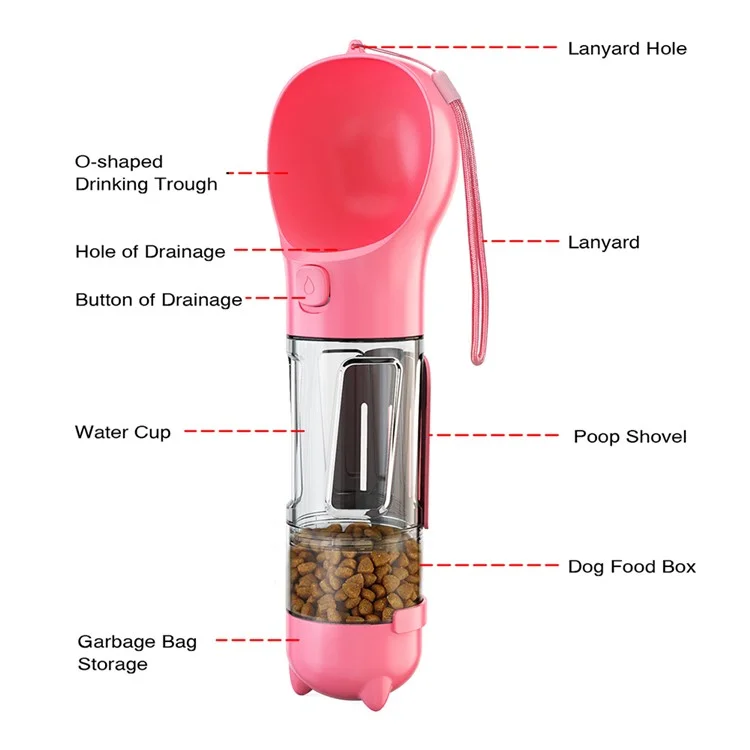Bouteille D'eau de Chien Portable Pour Animaux de Compagnie Boîte de Rangement Alimentaire Pour Chiens (sans Bpa, Certifié Fda), Avec Une Bouteille D'eau de 300 ml + un Distributeur de Sacs de Merde + Boîte de Rangement Alimentaire - Rose