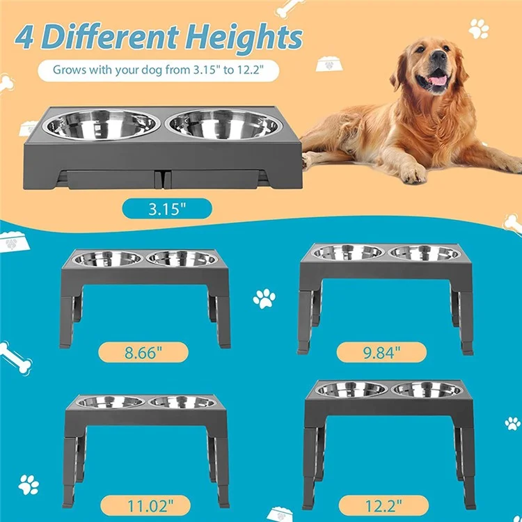 Comedero Elevado para Perros Cachorros, 4 Alturas Ajustables, Tazón de Acero Inoxidable + Soporte de Estante de ABS (Sin BPA, No Certificado) - Gris