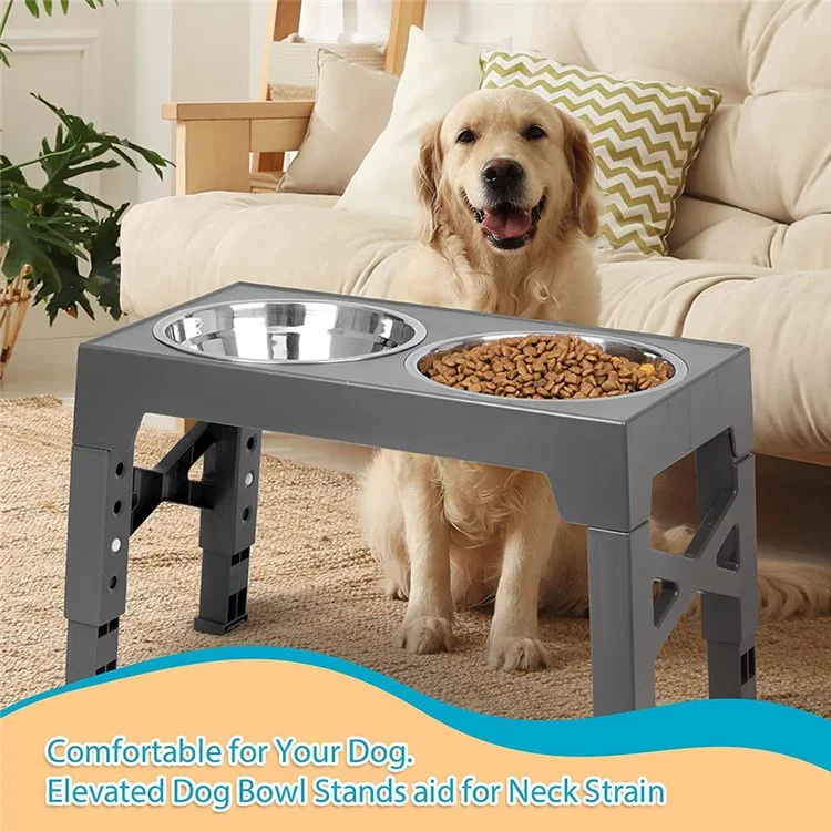 Comedero Elevado para Perros Cachorros, 4 Alturas Ajustables, Tazón de Acero Inoxidable + Soporte de Estante de ABS (Sin BPA, No Certificado) - Gris
