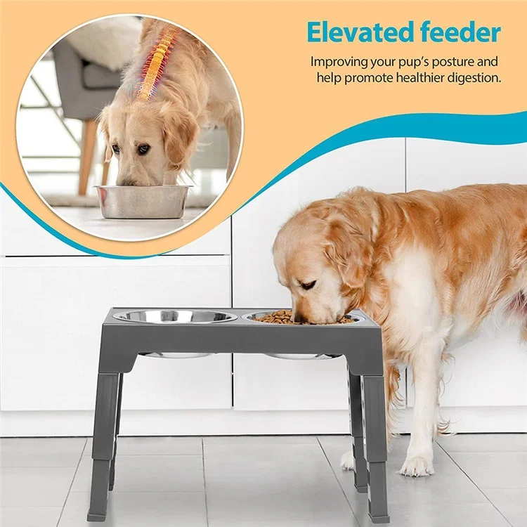 Comedero Elevado para Perros Cachorros, 4 Alturas Ajustables, Tazón de Acero Inoxidable + Soporte de Estante de ABS (Sin BPA, No Certificado) - Gris