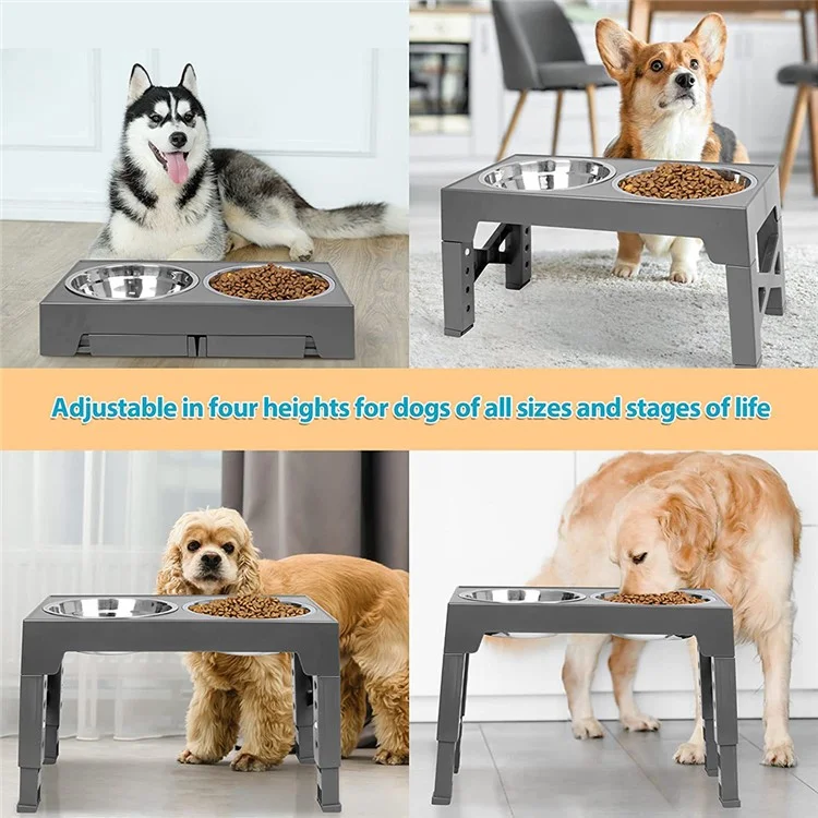 Comedero Elevado para Perros Cachorros, 4 Alturas Ajustables, Tazón de Acero Inoxidable + Soporte de Estante de ABS (Sin BPA, No Certificado) - Gris