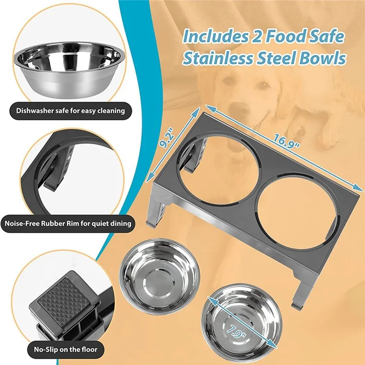 Comedero Elevado para Perros Cachorros, 4 Alturas Ajustables, Tazón de Acero Inoxidable + Soporte de Estante de ABS (Sin BPA, No Certificado) - Gris