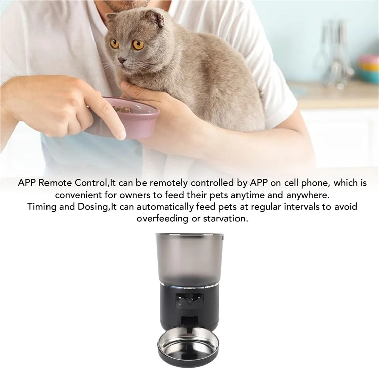 Pet Feeder 4L Automatic Food Dispenser Remote Voice Video Monitor for Cats Dogs - EU Plug / Black