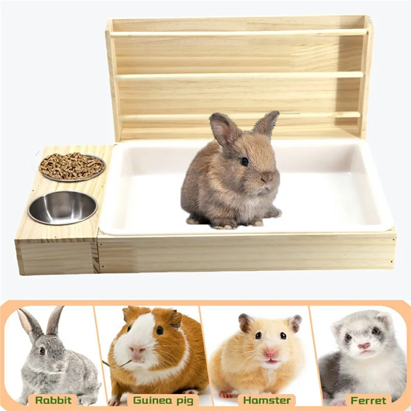 Comedouro de Feno de Madeira para Pequenos Animais com Suporte Destacável e 2 Comedouros para Hamster