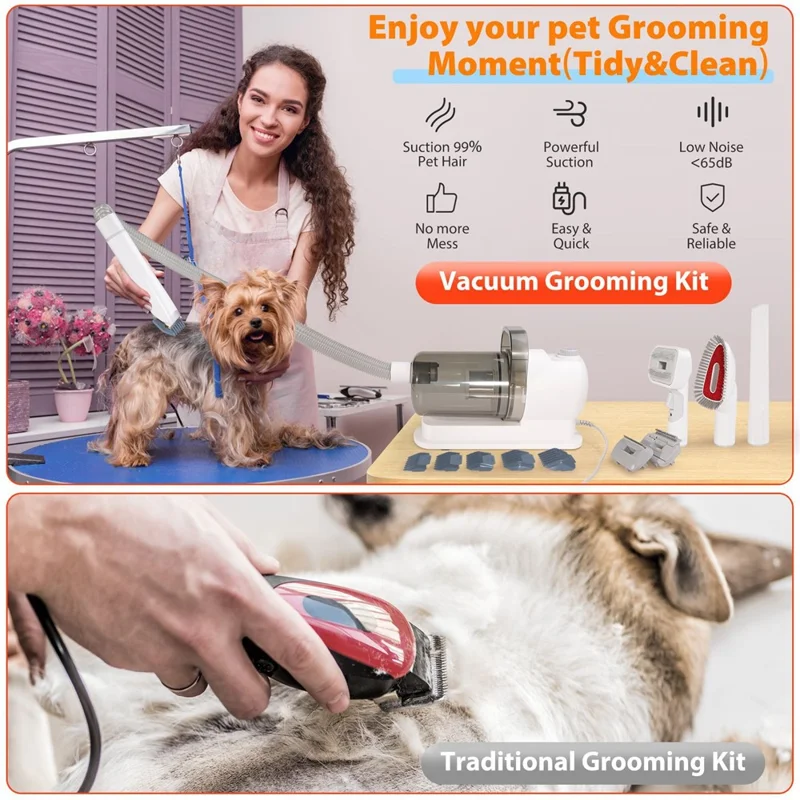 2 in 1 Pet Hair Trimmer Low Noise Adjustable Speed Grooming Vacuum Kit for Dogs Cats - US Plug
