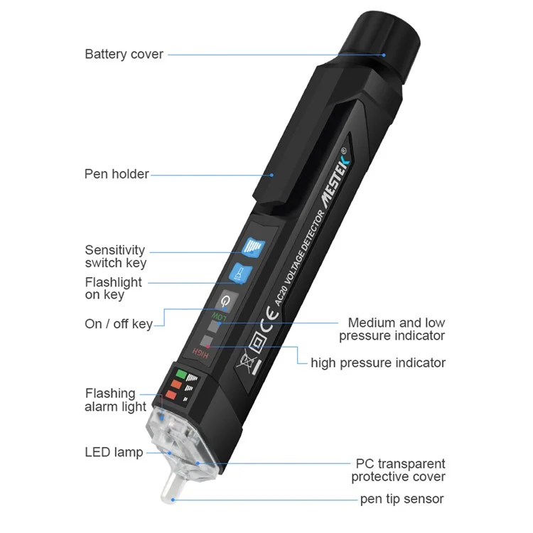 MESTEK AC20 12-1000V Smart Non-Contact Electric Test Pencil AC Voltage Alarm Smart Detector Tester Pen