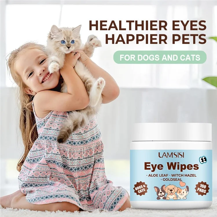 LAMSISI 100 Lingettes pour les Yeux des Animaux de Compagnie - Démaquillant Anti-Larmoiement, Tampons de Nettoyage Jetables en Tissu Non Tissé