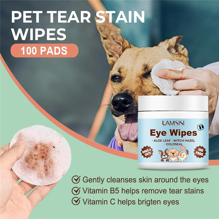 LAMSISI 100 Lingettes pour les Yeux des Animaux de Compagnie - Démaquillant Anti-Larmoiement, Tampons de Nettoyage Jetables en Tissu Non Tissé