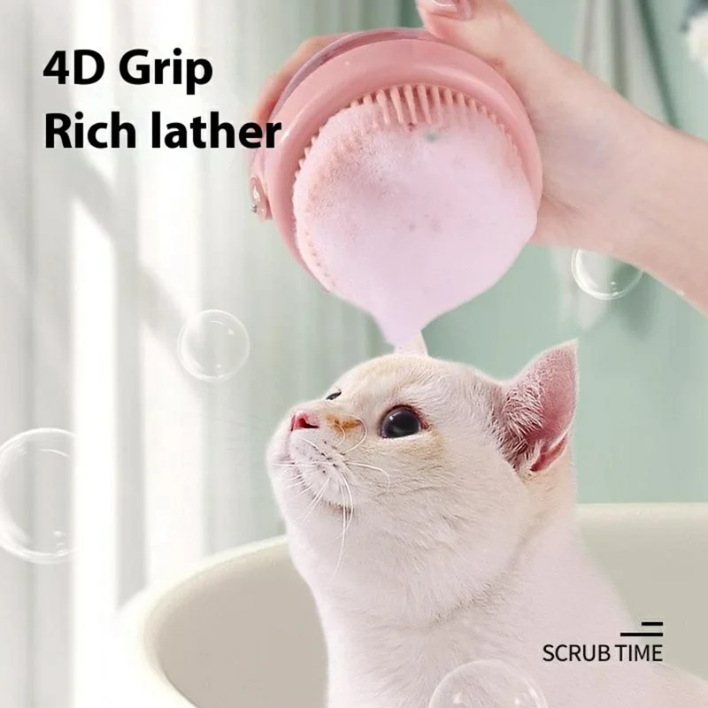 Pet Bath Brush for Dogs Gift and Cats Shower Gel Dispenser Silicone Massage Grooming Tool - Pink