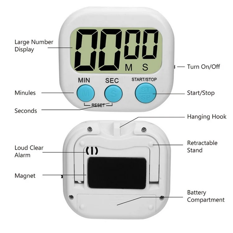 Digital Kitchen Timer Magnetic LCD Alarm Stopwatch Cooking Timer with Stand for Baking Sports Games - White