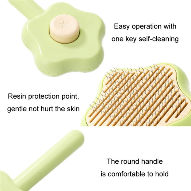 Star Shape Dog Cat Grooming Brush Pet Floating Hair Removal Massage Needle Comb with Self Cleaning Button - Green