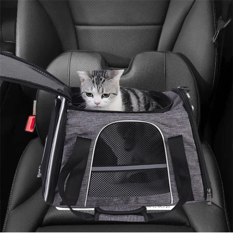 Trapezoidal Foldable Cat Carrier Handbag Oxford Cloth Breathable Mesh Cloth Pet Puppy Travel Bag, Size L - Black