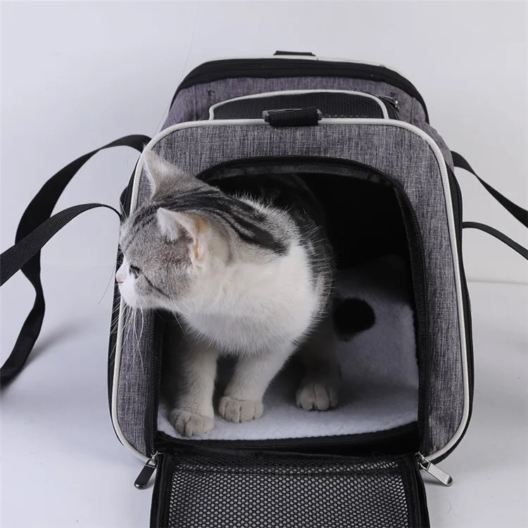 Trapezoidal Foldable Cat Carrier Handbag Oxford Cloth Breathable Mesh Cloth Pet Puppy Travel Bag, Size L - Black