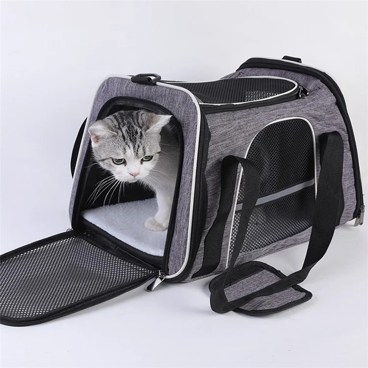 Trapezoidal Foldable Cat Carrier Handbag Oxford Cloth Breathable Mesh Cloth Pet Puppy Travel Bag, Size L - Black