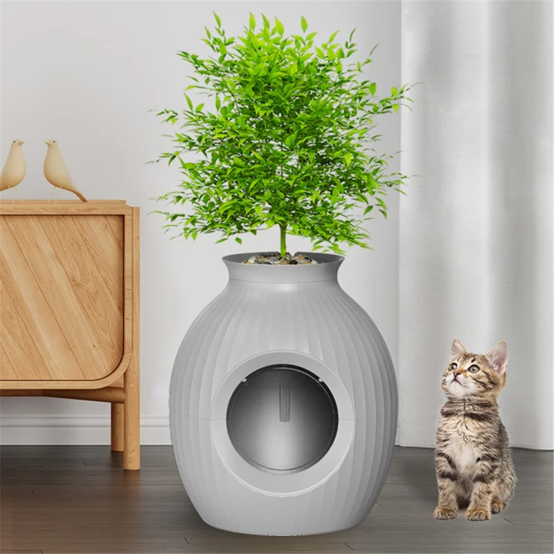 ABS Flower Pot Cat Litter Box Deodorization Hidden Potty Kitty Litter Pan - White