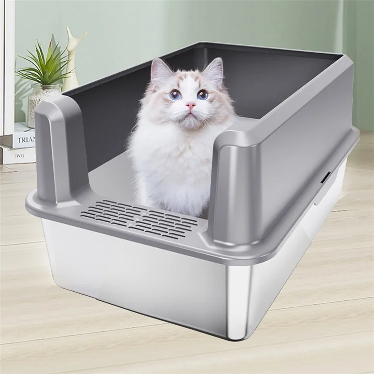 Grande Ouverture Boîte à Litière pour Chat Anti-éclaboussures en Acier Inoxydable + ABS - Gris Foncé