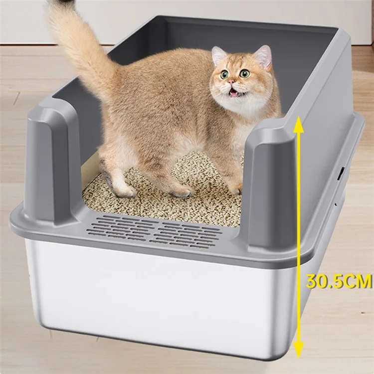 Large Opening Pet Cat Litter Box Anti-splash Stainless Steel+ABS Cat Toilet - Dark Grey