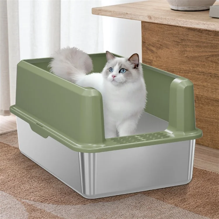 Large Opening Pet Cat Litter Box Anti-splash Stainless Steel+ABS Cat Toilet - Green